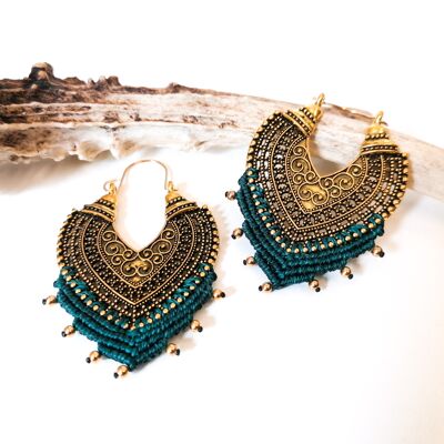 Boucles d'oreilles ORIENT - Macramé - dorées / émeraude