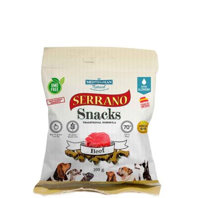 SERRANO SNACK PARA PERROS 100g, RICO EN BUEY 12 ud