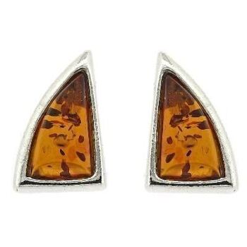 Boucles d'Oreilles Triangle en Argent Massif et Ambre Cognac et Coffret de Présentation 1