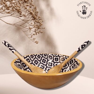 Handmade Large Serving Bowl Set with Spoons In Solid Mango Wood - Sambal Print