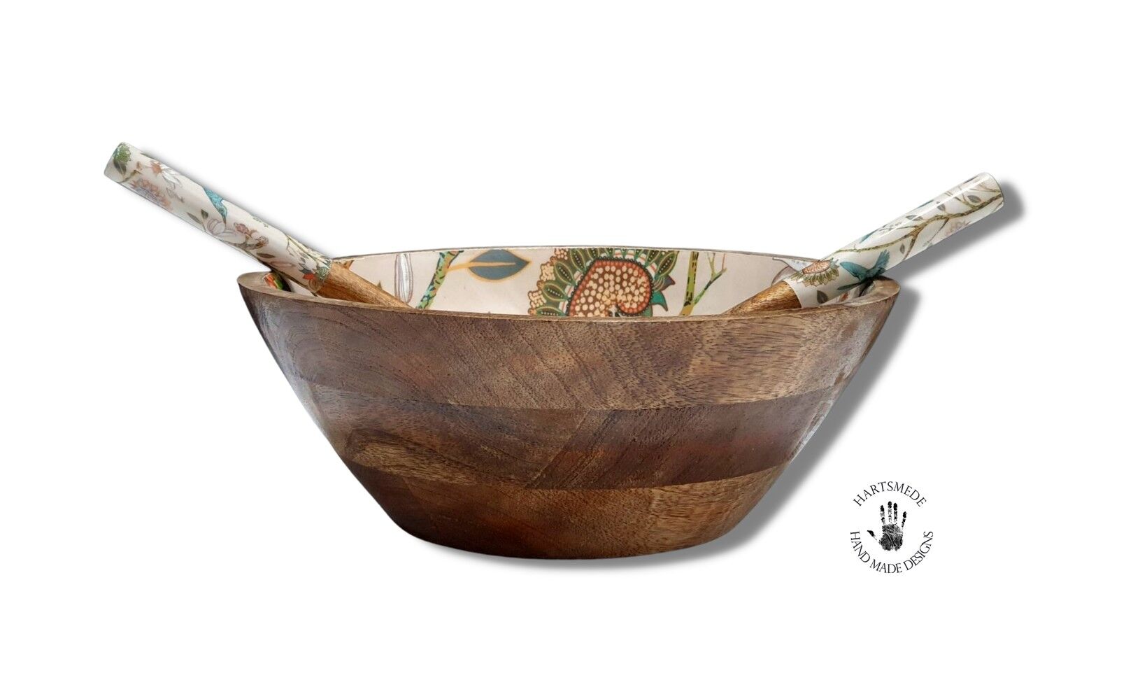 Wooden Medium Serving Bowl with Spoons Salad Bowl Printed - Hummingbird