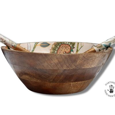 Wooden Medium Serving Bowl with Spoons Salad Bowl Printed - Hummingbird