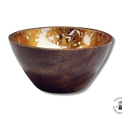 Small Wooden Serving bowl / Portion Bowl  - White & Gold leaf Print - Set 0f 2