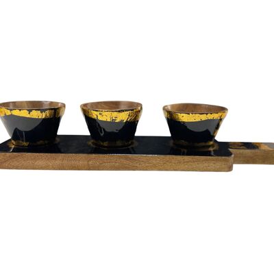 Nut Bowl Set- 3 Bowls on a serving tray,  Black & Gold