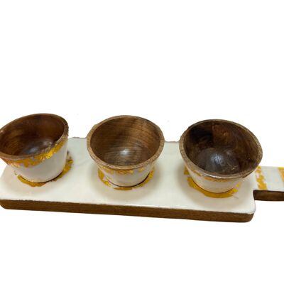 Nut Bowl Set- 3 Bowls on a serving tray,  White & Gold