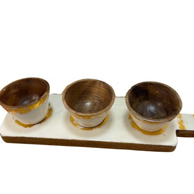 Nut Bowl Set- 3 Bowls on a serving tray,  White & Gold