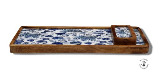 Wooden Serving Platter with Dip Tray, Charcuterie board, Snack Platter Printed Oriental Blue