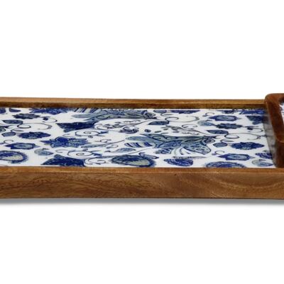 Servierplatte aus Holz mit Dip-Tablett, Wurstbrett, Snack-Platte, bedruckt mit orientalischem Blau
