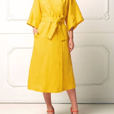 Emilia Linen Dress 
Pineapple Yellow, Amethyst Purple Belt