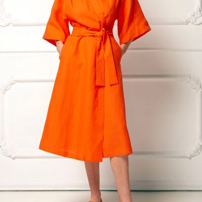 Emilia Linen Dress  
Salamander Orange, Amethyst Purple Belt