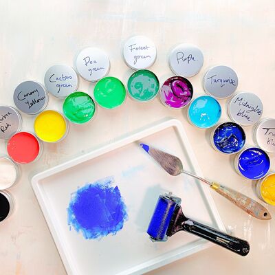 Printing Ink 12 pots 30ml, for block relief printing, mix + match choose from 20 shades, brand ESSDEE, UK made, water based & mixable