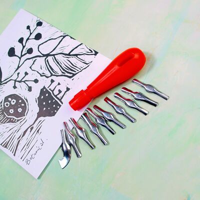 Linocut tool set, student quality, handle & 10 shape blades, includes artist mark make exercise sheet