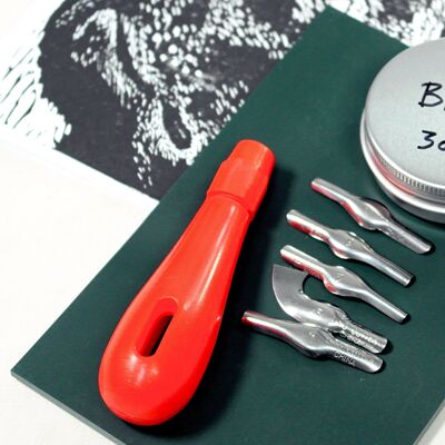 Linocut tool set, student quality, handle & 5 shape blades, includes artist mark make exercise sheet