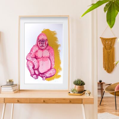 Gorilla Screen Print | Pastel Pink + Yellow