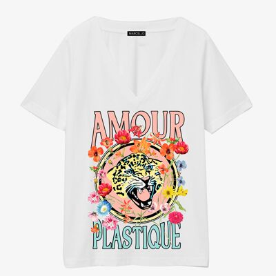 Cremefarbenes T-Shirt mit V-Ausschnitt Plastic love 2S 1L