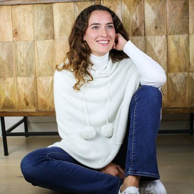 Poncho à capuche femme blanc pailleté en laine et cachemire