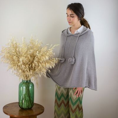 Poncho con capucha de lana y cashmere con lentejuelas gris beige para mujer