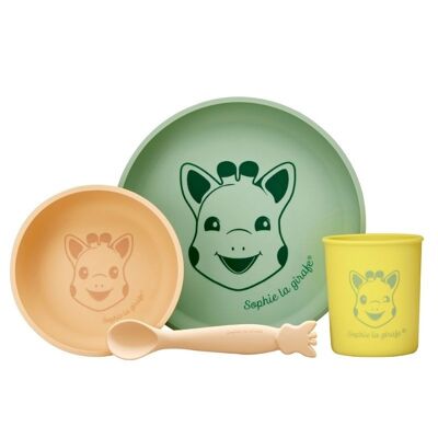 Pack comida Sophie la girafe incl. Plato, Bol, Vaso y cucharra 100% silicona en su caja regalo