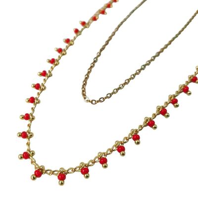 Collier Double Chaine Rocaille Rouge