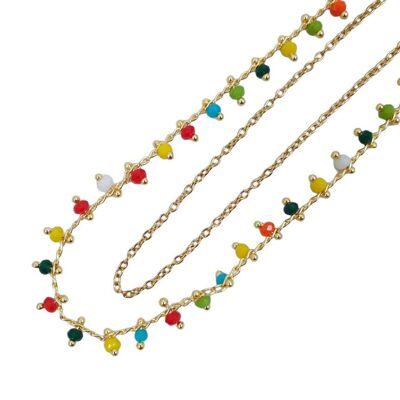 Halskette mit mehrfarbiger doppelter Rocaille-Kette in Gold