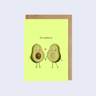 Me completas, Tarjeta de amor ilustrada con aguacates