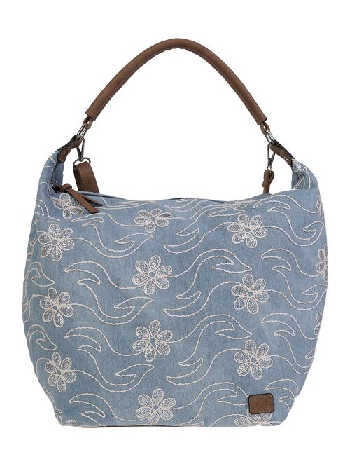 Schultertasche "Jeans Pailletten" mit Blumen in blau