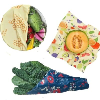 Bee's Wrap 3-pack Moyen multi-imprimé (Nid d'abeille/Botanique/Fruits frais)