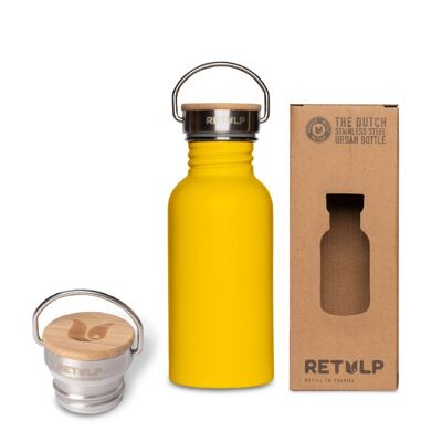 Robuste Trinkflasche aus Stahl mit Bambusverschluss - Urban Happy Yellow 500 ml