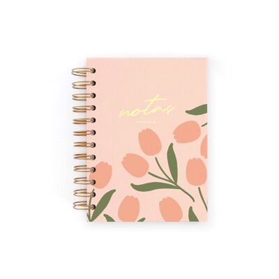 Mini-Notizbuch mit rosafarbenen Tulpen. Punkte