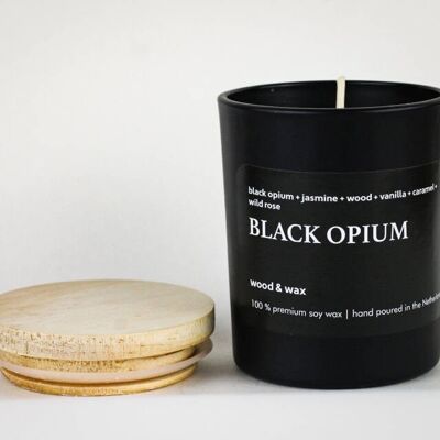 Candela di soia all'oppio nero Vaso nero + coperchio in legno 200 ml