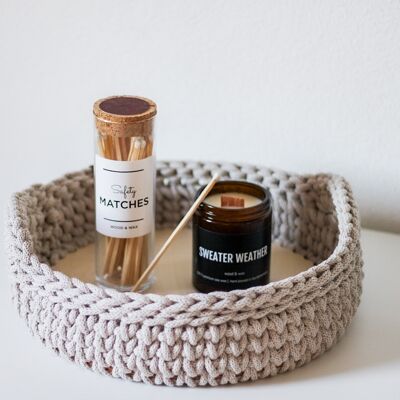 Crochet Tray, Basket 31 cm, Cotton rope and wood, Candle Tray