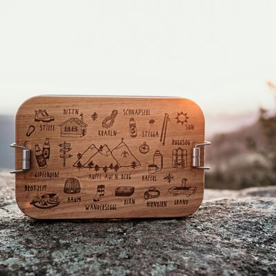 Lunch box made of stainless steel and beech wood "Auffe auf'n Berg" with hiking motifs, 1 PU = 2 boxes