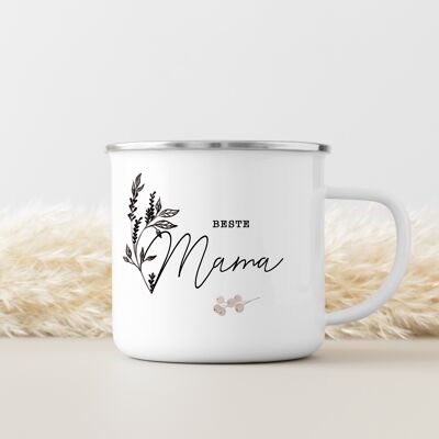 Mug émaillé "Best Mom" avec motif fleuri - 1 UE = 6 pièces