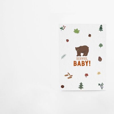 Postkarte aus Bierdeckelpappe "Servus Baby"