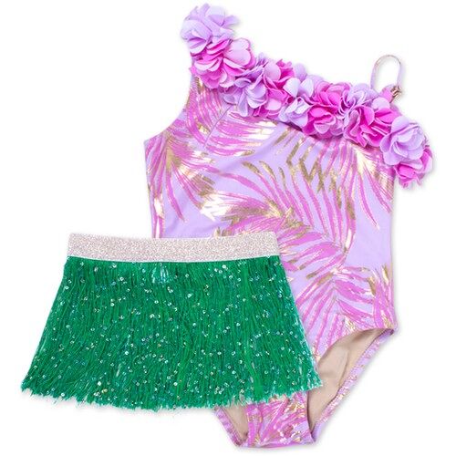 Hula Girl 1 Shoulder Swimsuit with Fringe Skirt - Metallic Palm