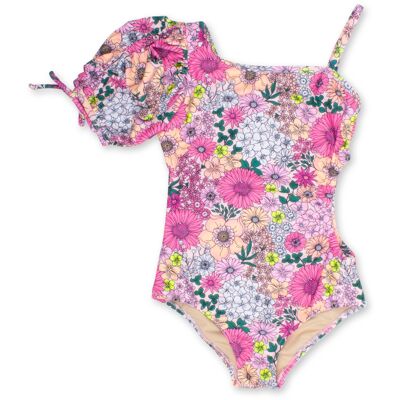 Puff Sleeve Cutout 1 Shoulder Swimsuit - Mod Floral Pink