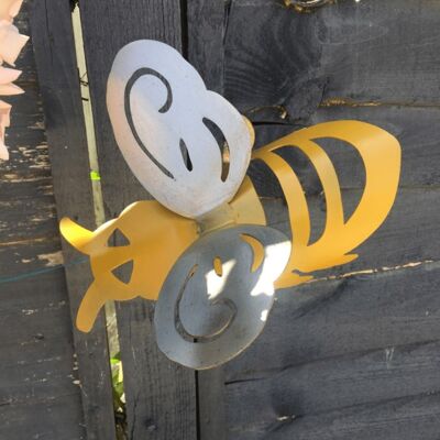 Yellow and Metal Bumble Bee Garden Ornament Or Interior Metal Artwork (hook)