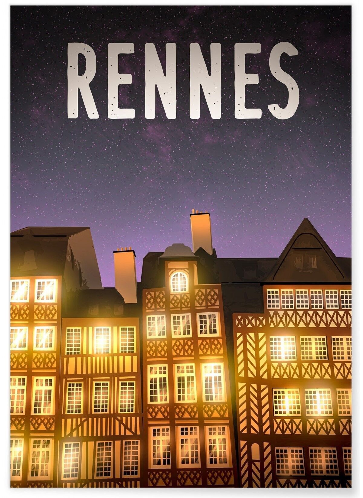 Illustration poster of the city of Rennes - night