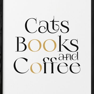 Libro de gatos y póster de café.