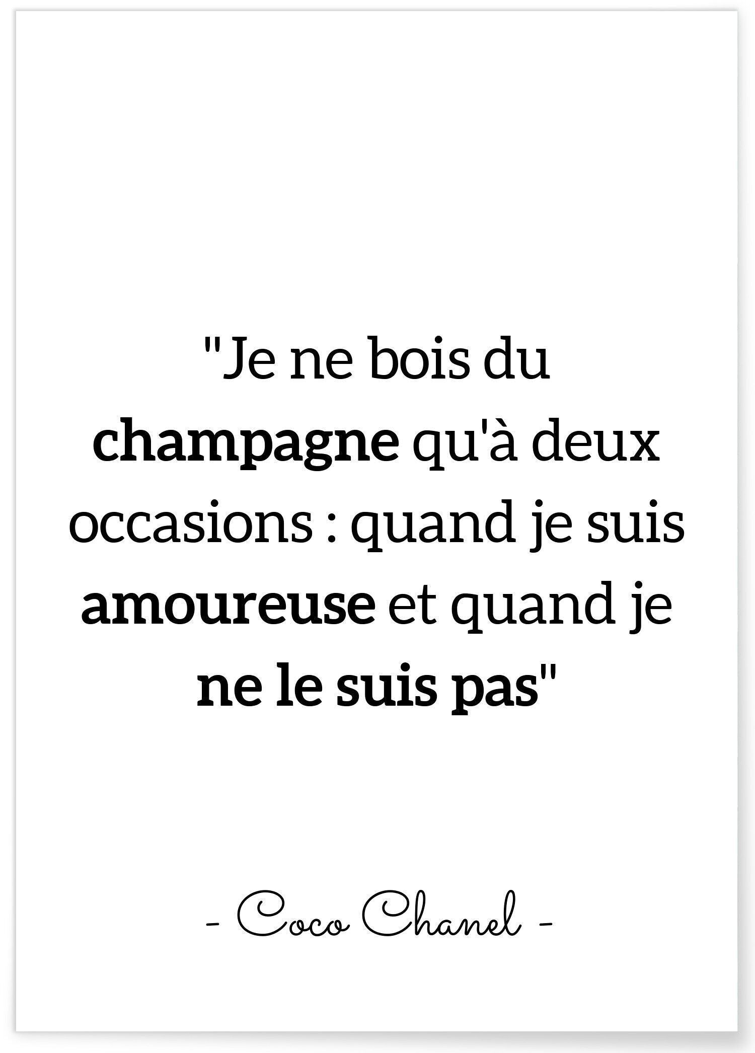 Poster con citazione di Coco Chanel: "Non bevo champagne..."