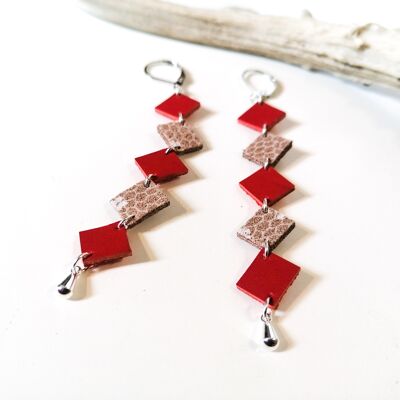 Earrings - leather - MISA - Red and floral beige
