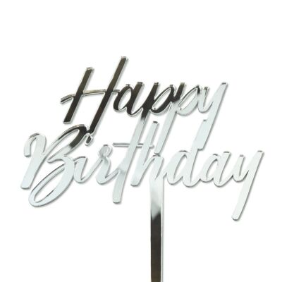 Happy Birthday Tilted - Cake Topper - Silver Mirror