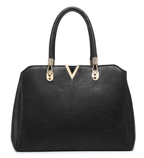 Large 3 Compartments Tote Bag  2 Handles Shoulder bag  Well-Organization Shopper with Long Strap   - Z-9930M black