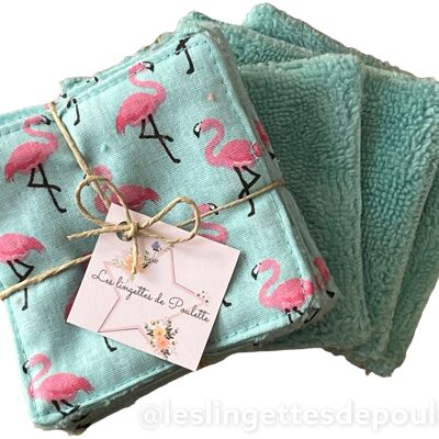 Lot de 5 lingettes lavables "Flamand rose fond bleu"