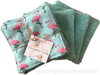 Lot de 5 lingettes lavables "Flamand rose fond bleu"