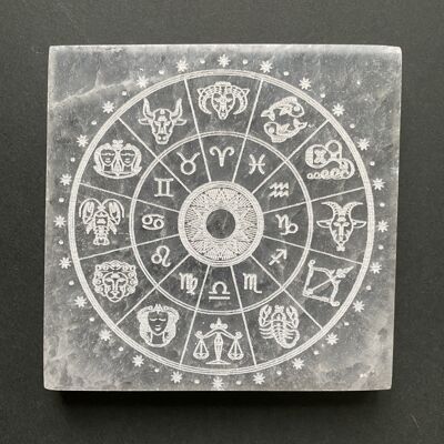 Selenite plaque engraved with astrological signs.