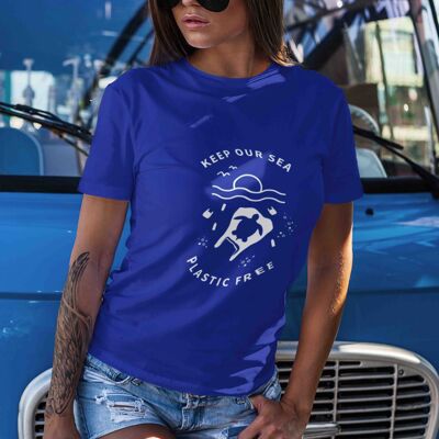 Womens Blue Keep Our See Plastic Free 100% Organic Cotton T-shirt