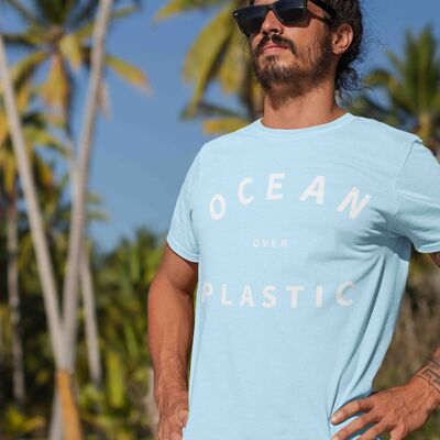 Mens Baby Blue Ocean Over Plastic 100% Organic Cotton T-shirt