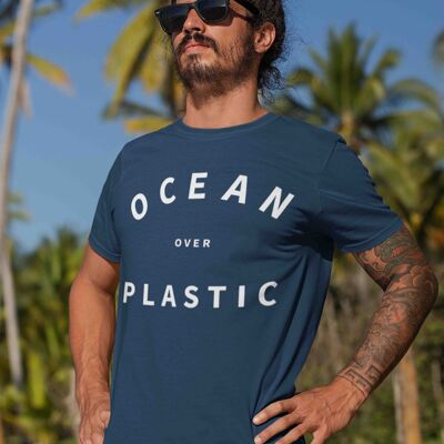 Mens Navy Ocean Over Plastic 100% Organic Cotton T-shirt