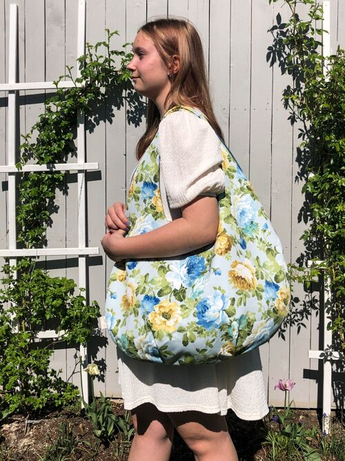 Handmade floral beach bag. Large fabric hobo bag. Blue and yellow rose print big tote bag.